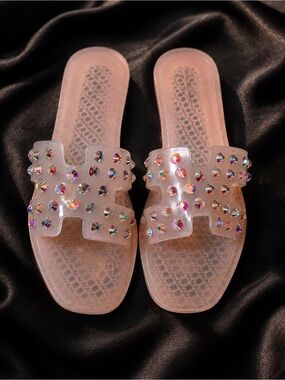 Clear Jelly Rhinestone Slide Sandals Women's Size 7 Sparkly Summer Beach